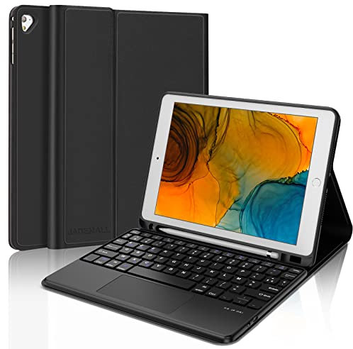 JADEMALL Coque Clavier avec Trackpad pour iPad 6eme/5eme Generation 2018/2017, AZERTY Clavier avec Pavé Tactile pour iPad 9.7 Pouces Air 2/1, Détachable sans Fil avec Porte-Crayon, Noir