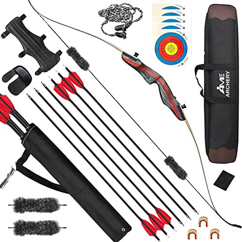 ZSHJGJR Bogenschießen 62 Zoll 20-50lbs Take Down Recurve Bogen und Pfeil Set Traditional Bogen Recurvebogen Set Jagd Bogen Erwachsene Anfänger Langbogen Hölzern Bogen (20lbs, Set 3)