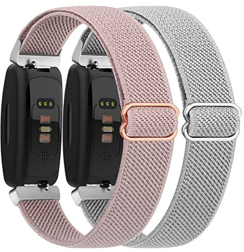Vancle 2 Stück Elastische Armband für Fitbit Inspire/Inspire HR/Inspire 2 Armband, Verstellbares Nylon Dehnbar Ersatzarmband für Damen Herren (Grau+Rosa)