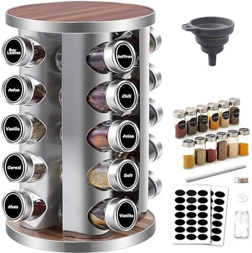 Porta Spezie Girevole 360° con 20 Barattoli in Vetro+Acciaio Inox 430,Organizzatore da Cucina Salvaspazio,Coperchi Ermetici,Etichette incluse,Per Spezie,Tè,Erbe Aromatiche (Design Venature Legno)