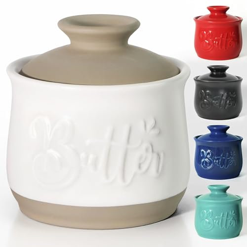 MAIA Ceramic Butter Crock 5.5 oz Butter Crock for Counter with Water Butter Spreader Holder for Spreadable Butter French Butter Dish with Lid Butter Keeper on Kitchen Counter White Kitchen Décor