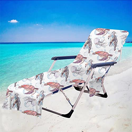 Morbuy Liegestuhl Handtuch mit Taschen, Strandtuch für Liegen Strandliegen Handtücher für Strandliegen Mikrofaser Leicht Strandtuch, Kapuze für Besseren Halt (75x210cm,weiße Qualle)