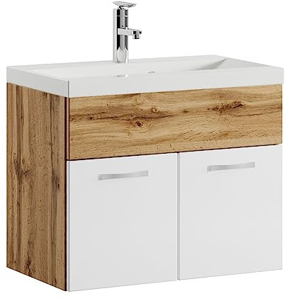 Badplaats B.V. Badezimmer Badmöbel Set Montreal 01 60cm Waschbecken Eiche mit Weiß - Unterschrank Waschtisch Möbel