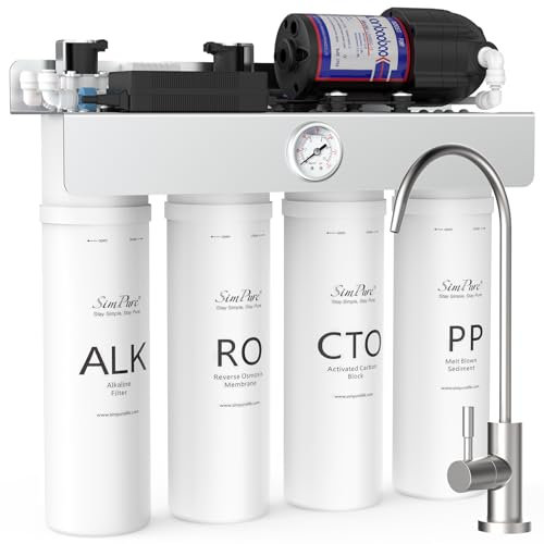 SimPure T1-400ALK Alkaline UV Reverse Osmosis System, NSF/ANSI 58 Certified, Tankless RO Water Filter System 400 GPD, pH+ Remineralization Water Filtration Under Sink, BPA Free, Built-in Pump
