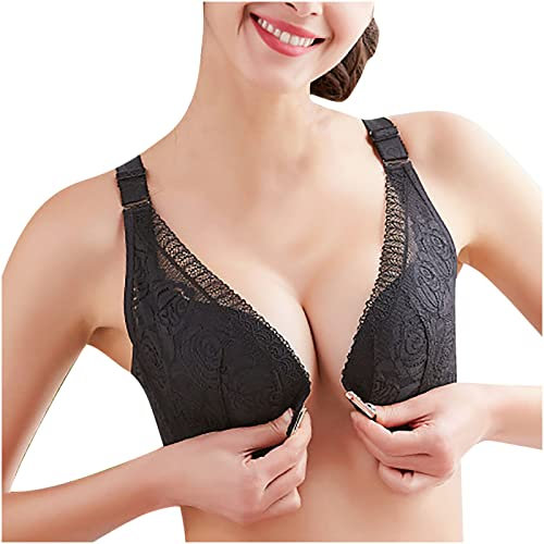 Bras For Women UK Non Wired,Front Fastening Lace Bras,Comfort Rose Bra,Rose Embroidery Front Closure Wirefree Bra U Shape Back Rose Crochet Lace Bra for Seniors Ladies Everyday Bras Black XXL