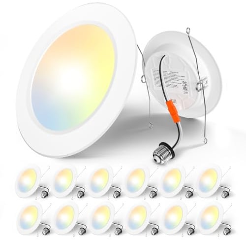 Amico Recessed Lighting 5/6 Inch, 12 Pack 5CCT Flat LED Can Lights, 2700K/3000K/4000K/5000K/6000K Selectable,12W Eqv 110W, 1050LM Brightness, Retrofit Installation - ETL & FCC, White
