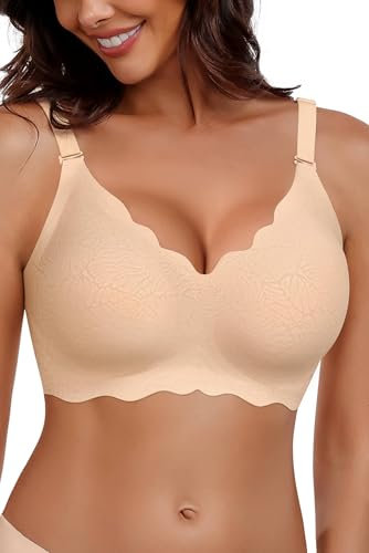 HORISUN Bras for Women No Underwire V Neck Scalloped Wireless Bralettes with Soft Support Comfort Full Coverage Seamless Bra (Nude,XL)