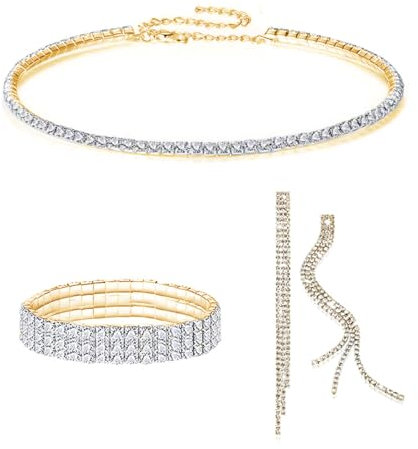 FDEETY Schmuckset für Damen Braut Strass Kristall Halskette Armband Anhänger Ohrrings Set Prom Kostüm Schmuck Set Braut Hochzeit Party (Gold)