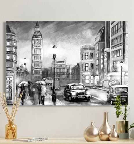 MyMaxxi - Premium Leinwandbild auf Keilrahmen Illustration London schwarz-weiß Wandbild Design Wand Dekoration, Gemälde schwarz weiß Leinwand - Big Ben, Groesse_leinwand:40x60 cm