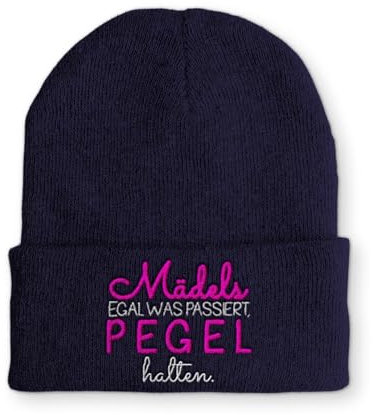tshirtladen Mädels egal was passiert, Pegel halten. Statement Beanie Mütze mit Spruch, Farbe: Navy