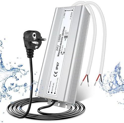 LED Trafo 24V 150W IP67, Outdoor Wasserdicht Transformator mit Stecker, LED Netzteil Treiber 230V auf DC 24 Volt Adapter, LED Driver Außen für LED-Streifen Lampen Strahler Lichtbänder