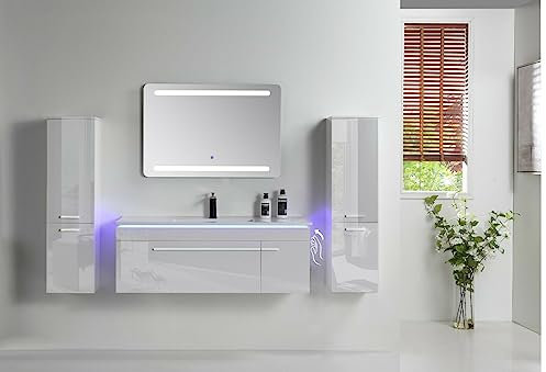 Faizee Möbel | Badmöbel-Set 90 cm Weiß Hochglanz – Keramik-Waschbecken & LED-Spiegel | Modernes Design fürs Bad