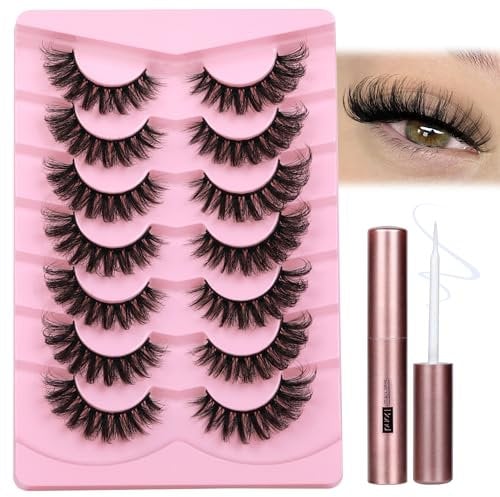 JIMIRE Cat Eye Lashes with Eyelash Glue Russian Strip D Curl Lashes Wispy 6D Volume False Eyelashes with Lash Glue Thick Crossed Soft Fake Eyelashes Fluffy 7 Pairs Pack