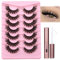 JIMIRE Cat Eye Lashes with Eyelash Glue Russian Strip D Curl Lashes Wispy 6D Volume False Eyelashes with Lash Glue Thick Crossed Soft Fake Eyelashes Fluffy 7 Pairs Pack