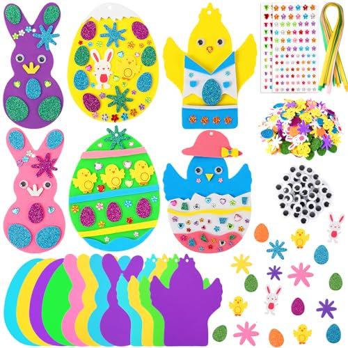 JUNEBRUSHS Ostern Basteln, 12 Stück Moosgummi Bastelset DIY Bastelset Ostern Bunte Eier Hasen Küken Basteln für Oster Geschenk Partyartikel