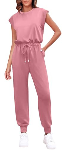 Vasreyy Sommer Jumpsuit Damen Elegant Strampler 68 Locker Arbeitslatzhosen Kurze Latzhose Weiß Hippie Overall(L,Rosa)