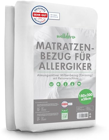 Welldora ǀ Premium Milbenbezug Matratzen 180x200x28 ǀ Allergiker Matratzenschoner fachärztlich getestet ǀ Encasing mit Reissverschluss ǀ Allergiker Bettwäsche