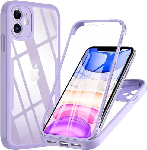 XYZNTMF for iPhone 11 Case with Built-in Screen Protector Shockproof Silicone Bumper Hard Clear Shell Full Body Protective Cover Rugged Transparent Back Case for iPhone 11, Purple