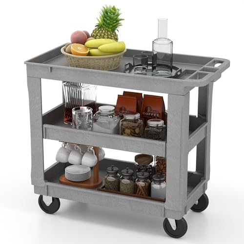 GOPLUS Werkzeugwagen, Mobile Transportwagen mit offenen Etagen und Handgriff, Servierwagen mit robusten Rädern, für Küche, Garage & Garten, bis 250 kg belastbar, Grau (3 Etagen)