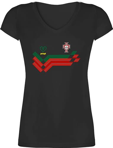 T-Shirt Damen V Ausschnitt - Fußball WM - Portugal Fanartikel EM | Portugal Wappen - XS - Schwarz - fußball-Fanartikel Europameisterschaft 2024 Logo Tshirt fußballtrikot Fussball Trikot Shirt t