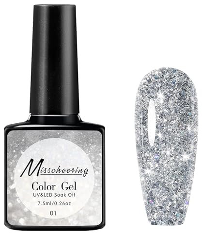 Glitter Gel Nail Polish, Silver Gel, Silver GlitterVarnish, White Sparkle Shiny Diamond Shimmer Long Lasting Soak off LED Polish for Women DIY Nail Art