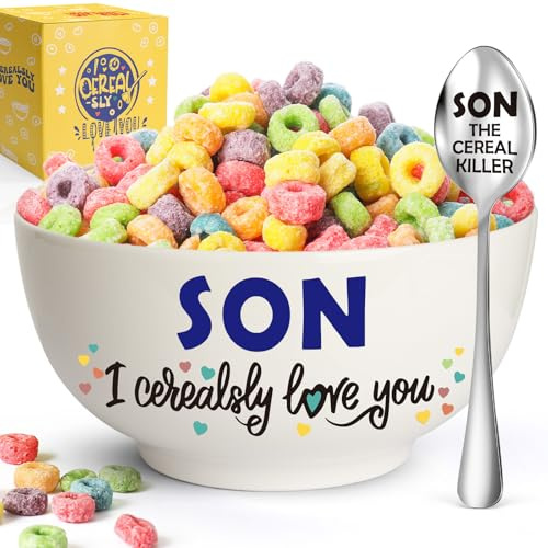 YUEYUQIU Son Birthday Gifts from Mom Dad - Son Cereal Bowl Set Present | Ideal Valentines Day Father's Day Christmas Birthday Gifts for Teen Boys Bonus Step Son - Cerealsly Love You