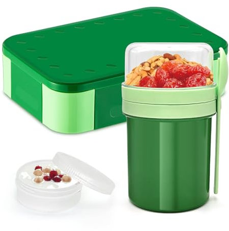 XJIANFU Brotdose Kinder mit Fächern,900ml Auslaufsichere Bento-Box und Müslibecher to Go 350ml+450ml,Auslaufsicherer Lunchbox und Müslibecher Set(1270+3545-Green)