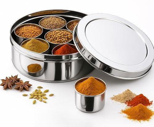 SWACRAFT Stainless Steel High Grade Spice Container 7 Containers and Small Spoon Traditional Masala Box Indian Masala Dabba with Size 8 X 8inches