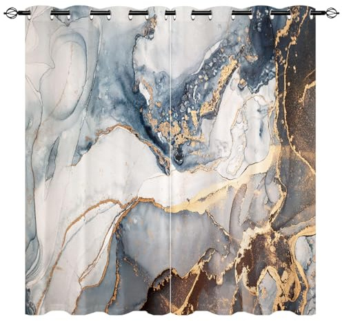 YUANZU Marble Curtains - Colorful Golden Veins Dark Blue Gray and Gold Paints Print Pattern Eyelet Thermal Blackout Room Darkening Window Drapes for Living Room Bedroom 2 Panels W140cm x D245cm