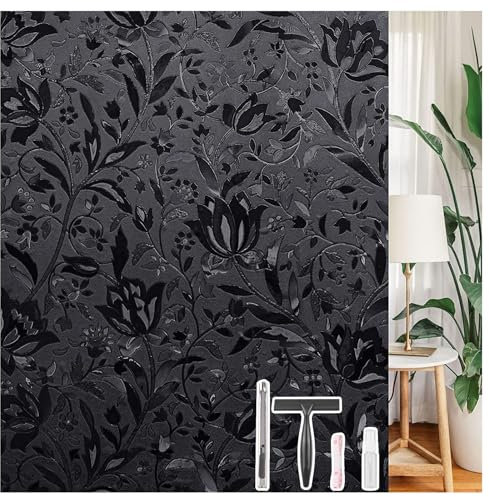 LEMON CLOUD Frosted Blackout Window Film, Privacy Black Out Glass Film for Day and Night, No Glue Static Cling, UV Protection Heat Control, Dark Black Tulip (44.5 x 200 cm with Tool)