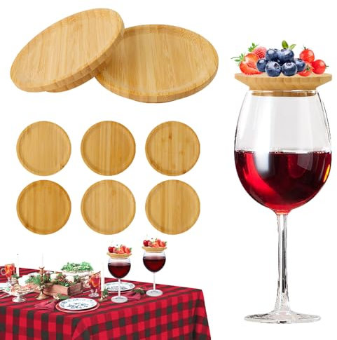 WnlahuWA 6 Stück Holz Weinglas Aufsatz, Wineglas Charcuterie Topper, Weinglasabdeckungen, Weinglas Topper Holz, Runde Weinglas Topper Teller, für Desserts, Vorspeisenteller