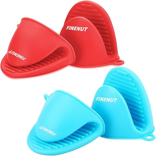 FINENUT Mini Silicone Oven Mitts 4PCS(2 Pairs) Non-Toxic Heatproof Cooking Gloves for Grill/Pizza Stone/Air Fryer,Lightweight Non-Slip Compact for Camping/Baking,Dishwasher Safe(Red and Blue)