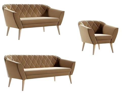 Sofello Couchgarnitur Gloria Wohnzimmerset 3+2+1 Sitzer Samt Hohe Holzfüße Buche (Riviera 24 - Karamell)