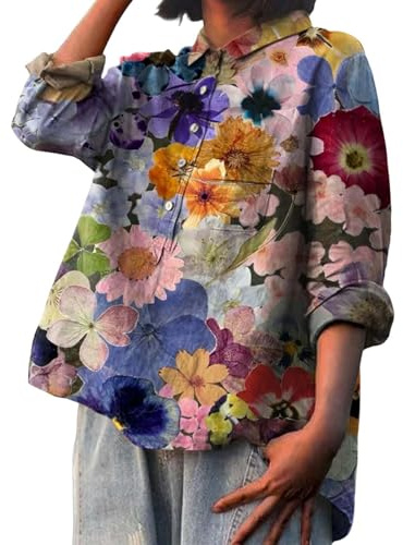 MJGkhiy Camicia Lino Donna Estiva Manica Lunga Floreale Camicetta Mare Magliette Elegante Taglie Forti Cotone Maglietta Leggera Scollo A V con Bottoni Bluse Top Oversize Vintage Curvy Camice Blusa