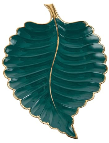LIFKOME Leaf Shaped Ceramic Jewelry Display Tray Green Gold Edges, Multifunctional Serving Dish for Buffet and Office Use, Artistic Style Plate for Cake Showing and Trinket Organising