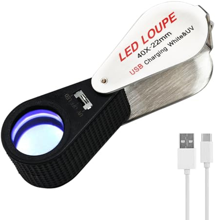 Juwelierlupe mit LED- und UV-Licht, wiederaufladbar, zusammenklappbar, Lupe für Schmuck, Uhren, Münzen, 22 mm optische Linse, Metallkonstruktion, ideal für Juweliere, Uhrenreparatur, Hobbyisten