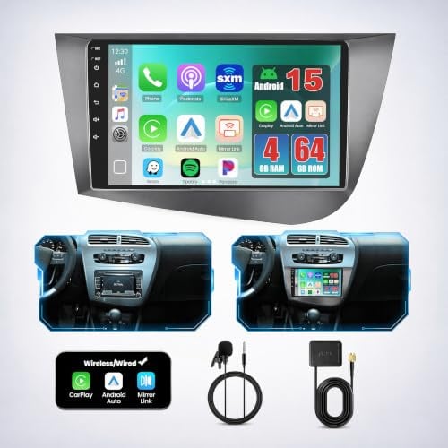Fuluku 4+64GB Radio de Coche Android 15 para Seat Leon MK2 2005-2012 | Wireless Carplay Android Auto Pantalla Táctil 9 Pulgadas 2 DIN Autoradio con GPS, Bluetooth, FM RDS, 32EQ DSP, Cámara Trasera