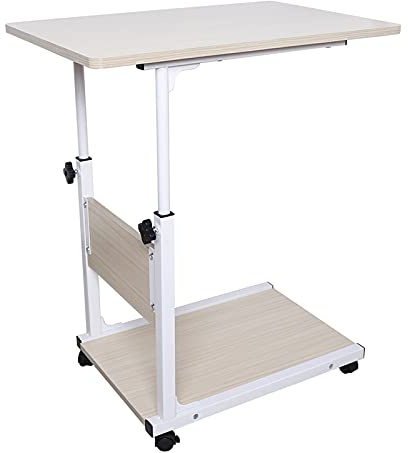 Höhenverstellbarer Rollentisch in Weißem Ahorn C-Form Schreibtisch mit 4 Universalrädern mit Bremsen & 2 Ebenen Stauraum 55-80 cm Höhenverstellung, Mobiler Beistelltisch für Sofa Bett und Büro