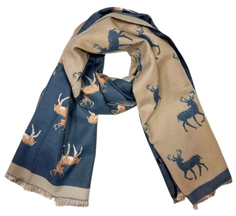 J26 Schöner Schal mit Eule, Elch oder Teddybär Motiv Winter Stola Tuch Übergangsschal mit Fransen Poncho Baumwolle Tiermotiv