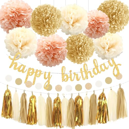 26 Stück Seiden Pompons, Geburtstags Dekoration, Pompons Deko, Quasten Deko, Quasten Girlande, Papierblumen Dekoration, Gold, Beige, Lotusrosa, Geburtstags Feiern, Verlobungsfeier, Thanksgiving