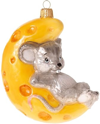 Glas Christbaumschmuck mundgeblasen handbemalt in Europa | Weihnachtsbaum Anhänger für Weihnachten | Christbaumanhänger | Weihnachtsbaumschmuck (Maus auf dem Käsemond)