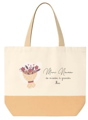 Générique Sac cabas “Merci Nounou” personnalisable avec prénom — Tote bag toile & jute 34×44×18 cm (29L) — Cadeau nounou fin d’année, crèche, assistante maternelle,