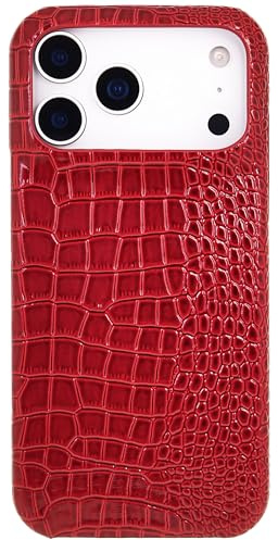 DMaos for iPhone 16 Pro Case, Crocodile Synthetic High Gloss Reflective Leather Edge Binding Cover, Slim for iPhone16 Pro 2024 6.3 inch - Red