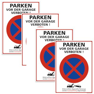 Signalétique.biz France - Set mit 4 - Warnschild „Parken vor der Garage verboten“ – Halt- und Parkverbot mit Abschleppsymbol – Selbstklebend – Größen: 300x210 mm