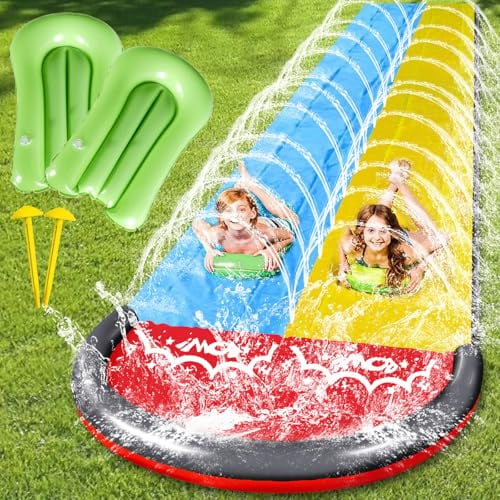 CHANCCI Wasserrutsche Garten 15.8ft/480cm,Doppelrutsche mit Eingebautem Sprinkler,Aufblasbare Wasserrutsche mit 2 Aufblasbaren Boards,Wasserrutsches Garten für Kinder und Erwachsene