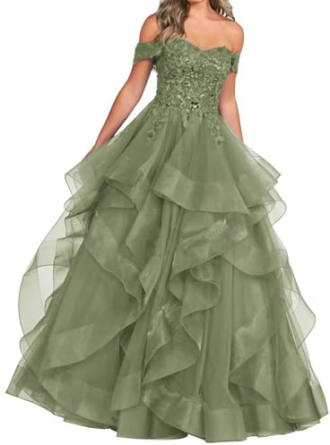 ORRCIGH Lace Applique Prom Dresses Off Shoulder Bridesmaid Dress Layered Tulle Corset Wedding Formal Evening Gown WPX037 Dusty Sage UK14
