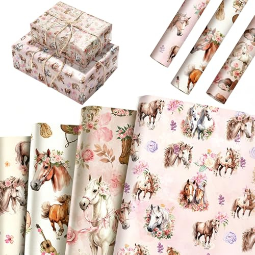 Pferde Geschenkpapier Mädchen Geburtstag, Geschenkpapier Pferde Set | 12 Blatt, Pferd Geburtstag Deko, Geschenk für Pferdeliebhaber