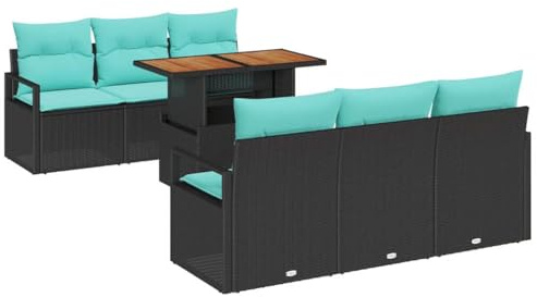 vidaXL Garten-Sofa-Set mit Kissen 7 pcs Schwarz und blau, Garten & Terrasse, modernes, langlebiges, UV-beständiges Außensofa-Set, Tisch höhenverstellbar, Poly-Rattan