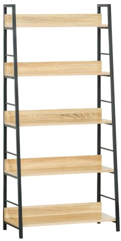 HOMCOM Bücherregal 5 Ebenen 70x35x150 cm Helle Eiche/Schwarz | Schräger Industriestil