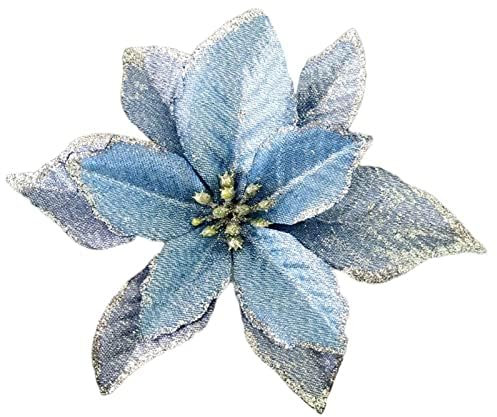 KEPATO Weihnachtsstern mit Glitzer, Weihnachtsstern, künstliche Blumen, Weihnachtsbaumschmuck, 12 Stück (blau)